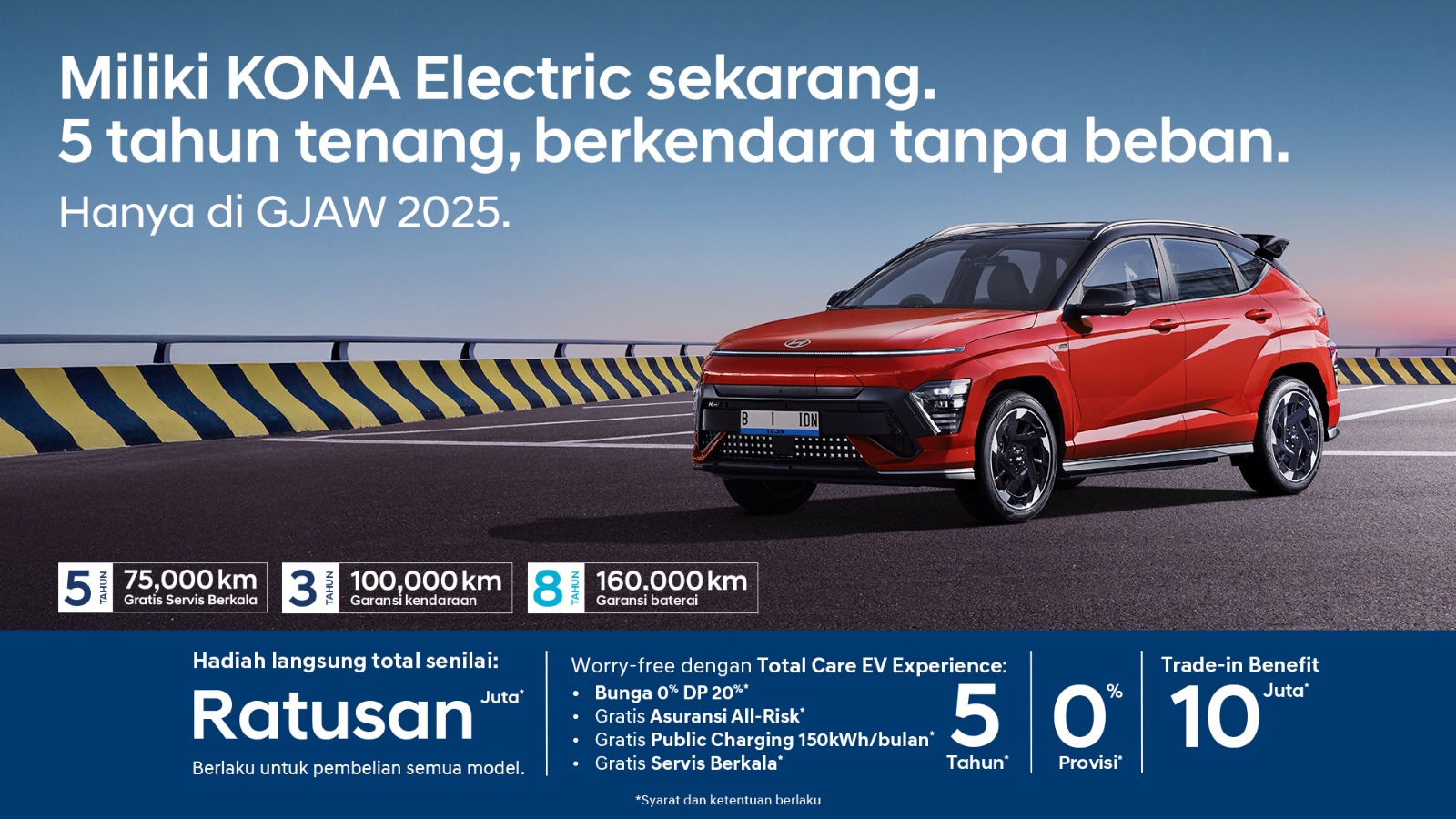 Miliki KONA Electric sekarang. 5 tahun tenang, berkendara tanpa beban.